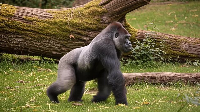 Powerful silverback gorilla standing confidently in natural forest habitat with dramatic wildlife conservation atmosphere
