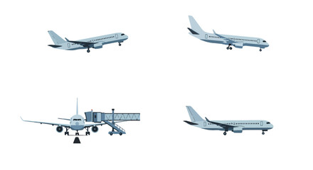 Collection of light blue passenger airplanes and jet bridge in various poses flat vector illustration style.
