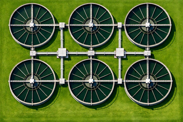 Aerial top-down view of six circular wastewater treatment plant clarifiers arranged symmetrically on green grass