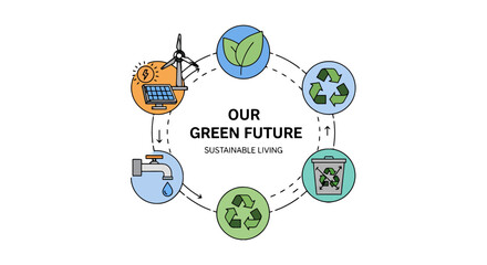 Fototapeta premium Vibrant circular sustainable living infographic with renewable energy recycling nature water conservation icons.