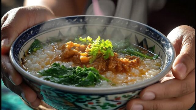 Hands hold a decorative bowl of steaming porridge topped with greens and savory brown toppings