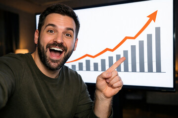 Excited bearded man pointing at a rising financial growth chart on a large screen while looking at the camera