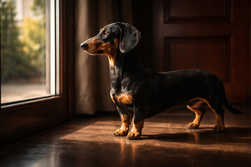 Side view of black and tan dachshund dog standing indoors looking out a window with sunlight highlights
