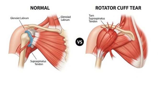 Comparison of normal shoulder anatomy and rotator cuff tear