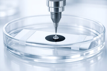 Close-up of scientific nozzle dispensing clear liquid drop onto black material sample on a slide in a petri dish, bioprinting concept