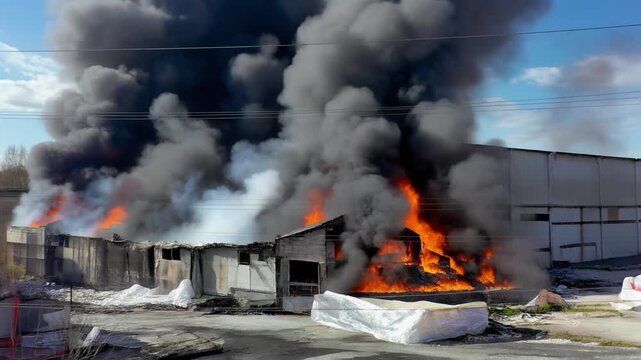 Exterior of a warehouse engulfed in fire and thick black smoke at a manufacturing facility,