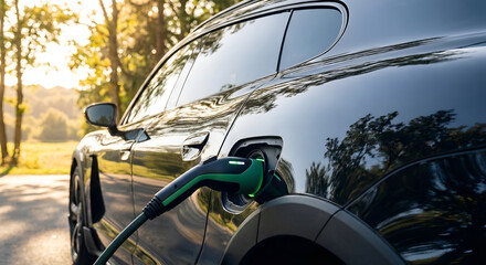 Black electric car charging port with cable plugged in outdoors at sunset with bokeh effect
