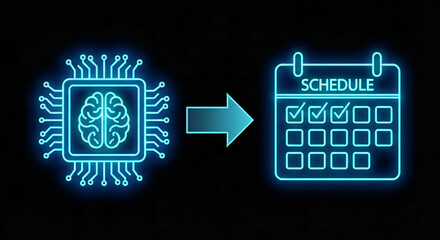Glowing neon artificial intelligence brain chip icon connected by arrow to calendar schedule concept on black background