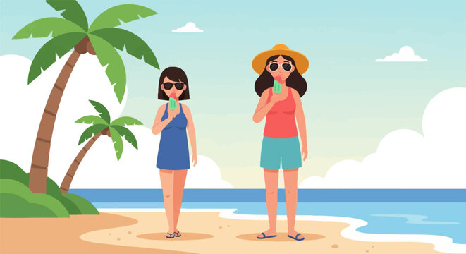 Two women enjoying popsicles on a tropical beach under palm trees