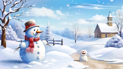 Obraz premium Cheerful Winter Scene with Two Snowmen, a Small Dog, and a Church in a Frosty Village