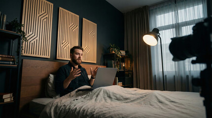 Behind the scenes of a bearded male vlogger sitting in bed with a laptop filming a video using a professional camera on a tripod in a home studio bedroom