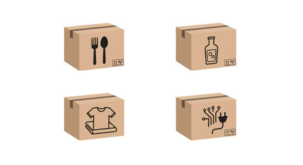 Fototapeta premium Four brown cardboard shipping boxes with various content icons for moving or delivery.