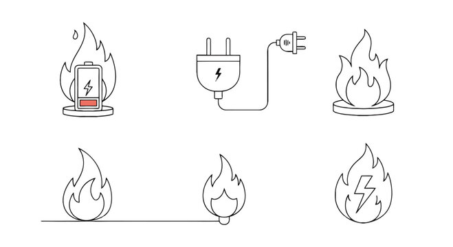 Minimalist line art icons depicting fire electricity and energy concepts Simple vector outlines of flames battery and power plugs.
