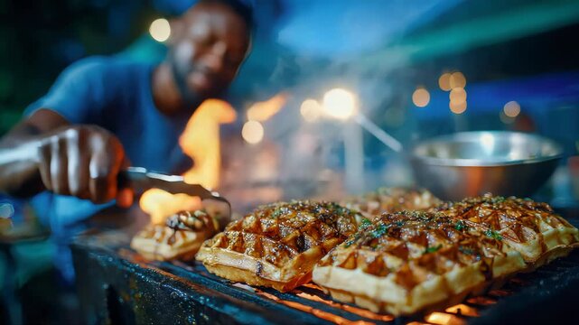 Outdoor grilling scene with golden waffles cooking over open flame at night, bokeh lights in background