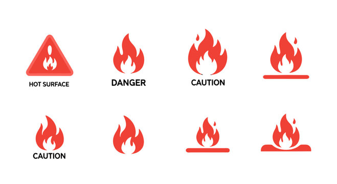 Vibrant red flat design fire and hot surface warning icons collection featuring various flame symbols and caution signs.