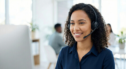 Smiling female customer service agent wearing a headset and working at a computer in a modern office