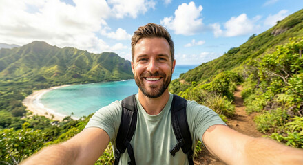 Happy man hiker with backpack taking a selfie on a mountain trail overlooking a tropical beach and blue ocean
