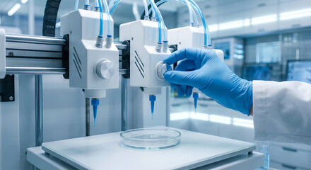 Close-up of scientist's gloved hand adjusting a knob on a three-nozzle 3D bioprinter over a petri dish in a sterile laboratory