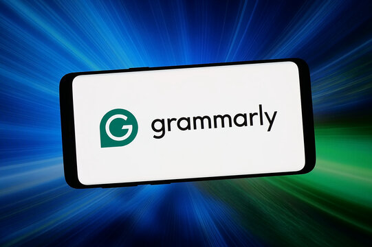 Stuttgart, Germany - 02-05-2026: In this photo illustration, the logo of writing assistant company Grammarly Inc. is displayed on a smartphone in front of abstract background on computer screen.