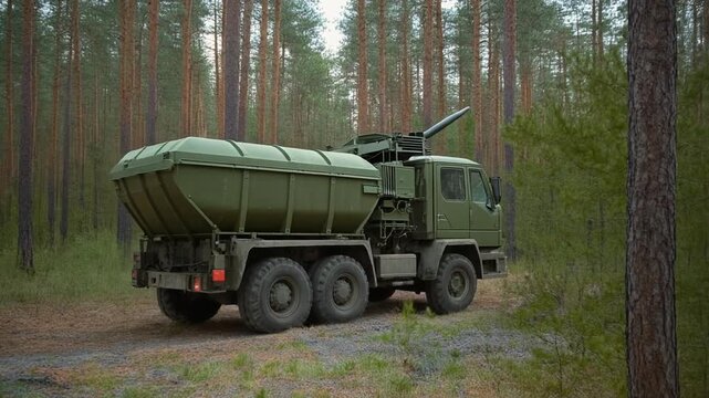 Mobile missile launch system with rocket canister mounted on military truck in forest repres