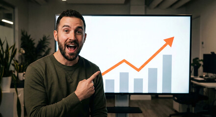 Excited man pointing at a rising financial growth chart on a large screen while looking at the camera