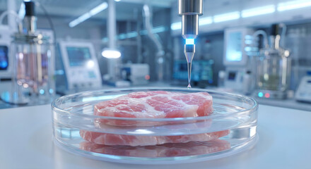Close-up of 3D printed lab-grown meat being created by a robotic nozzle in a petri dish in a laboratory