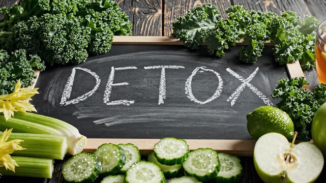 A chalkboard displaying the word DETOX is surrounded by a vibrant arrangement of fresh kale, crisp celery, sliced cucumber, green apples, and zesty lime, promoting healthy eating habits and overall