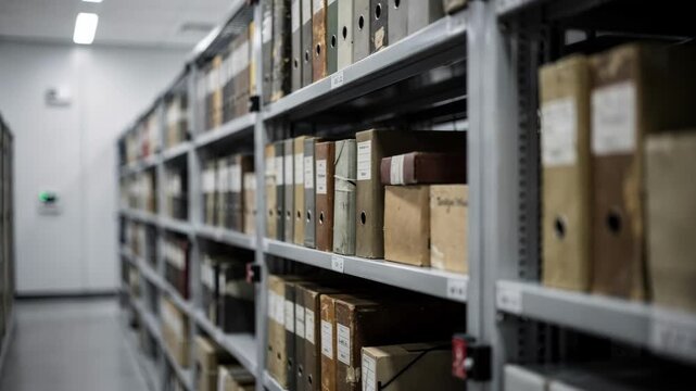 Medium shot of compact shelving rows in a climatecontrolled museum archive with focused boxed artifacts and blurred surrounding storage unit edges.