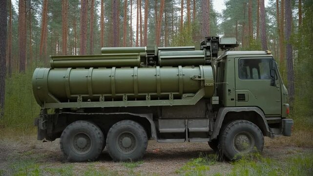 Mobile missile launch system with rocket canister mounted on military truck in forest repres