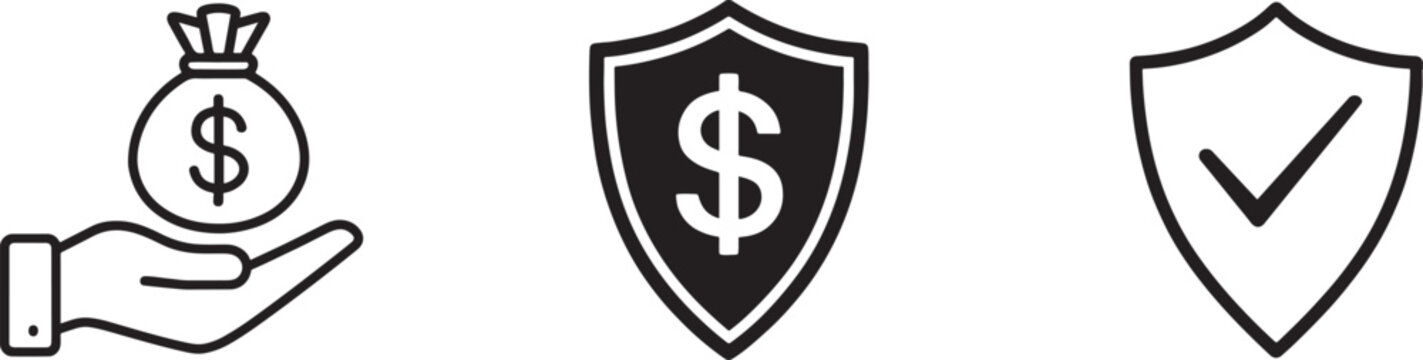 Financial security icon set with money bag in hand, dollar shield, checkmark shield.