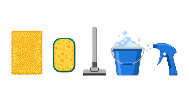 Assortment of colorful flat design cleaning tools textured mat porous sponge mop bubbly bucket spray bottle.