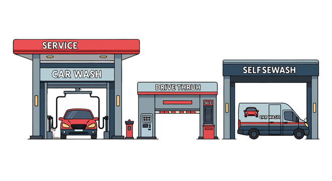 Cartoon set of car wash and drivethru service stations featuring a red car and a selfwash van.