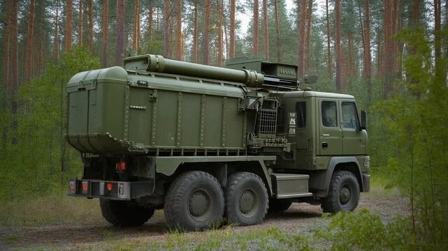 Mobile missile launch system with rocket canister mounted on military truck in forest repres.