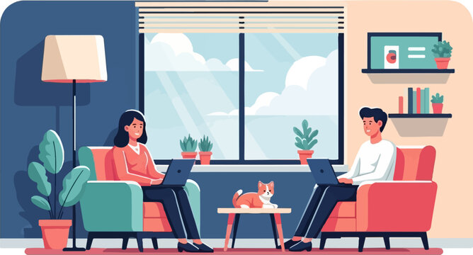 Two people working on laptops at home with a cat nearby