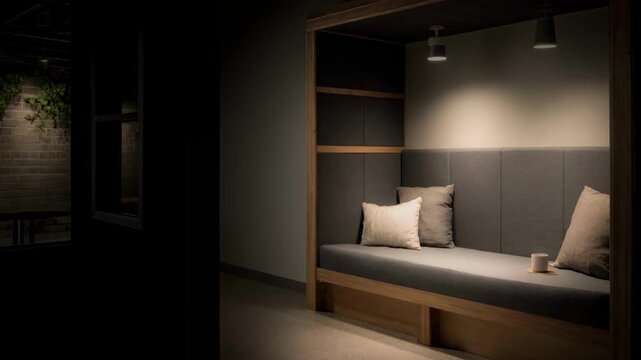 Modern padded counseling booth captured in a gentle light focusing on the intimate quiet space designed for personal and sensitive conversations.