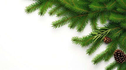 Obraz premium Close Up View of Fresh Green Pine Branches with Cones on White Background