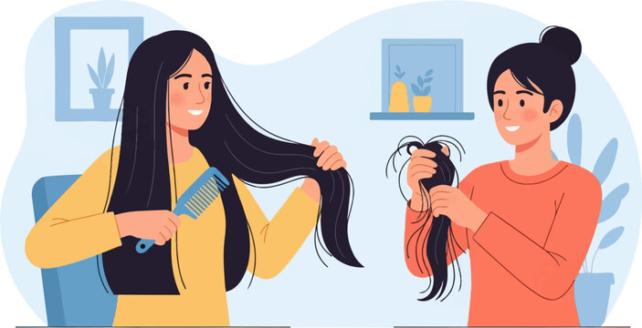 Two women preparing their hair for styling, one with long hair, the other with shorter hair