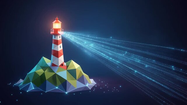 Low-poly lighthouse on geometric island casting a digital beam, symbolizing digital transfor.