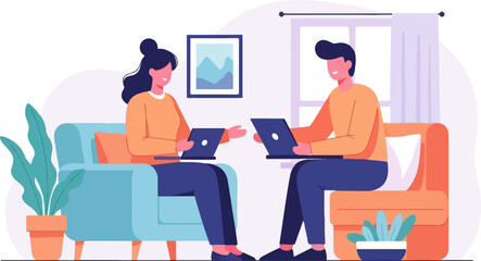 Two people working on laptops while sitting on couches in a cozy room