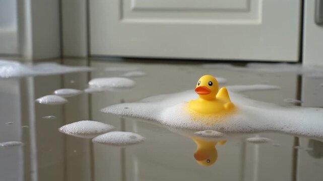 Rubber duck on flooded floor near door, foam and standing water indicating indoor water dama.