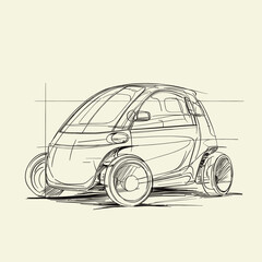 Fototapeta premium Minimalist line art sketch of a futuristic compact car concept, ideal for automotive design, urban mobility, innovation and concept illustration