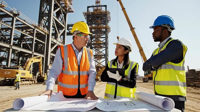 Construction team reviewing blueprints on site with heavy machinery in background