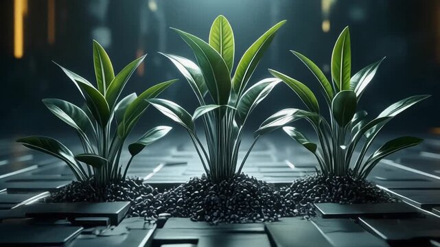 Futuristic abstract metal plants emerging from floor, symbolizing business growth, innovatio.