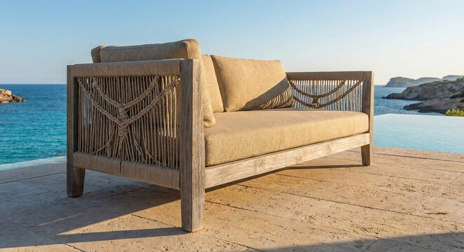 Luxury Teak and Woven Rope Outdoor Daybed on Sunny Poolside Terrace