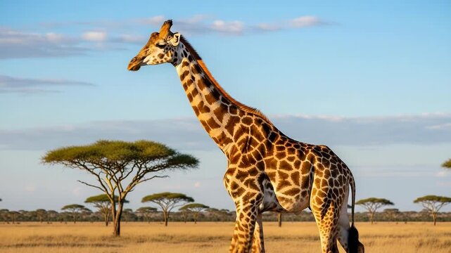 A lone giraffe surveys the savannah, golden sunlight highlights its patterned coat