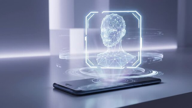 Futuristic hologram smartphone digital face recognition security technology biometric authentication abstract cyber wireframe projection neon glow virtual interface display modern concept gadget