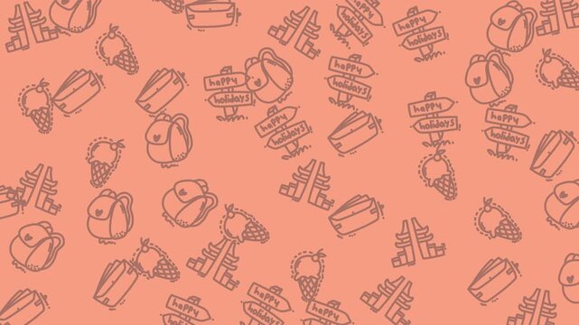 Seamless pattern of travel themed icons on peach background. Ideal for travel brochures, websites, stationery, and travelthemed products.