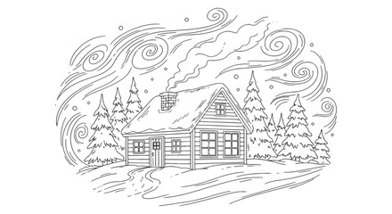 Naklejka premium Cozy Snow-Covered Log Cabin in a Winter Forest with Swirling Sky Coloring Page