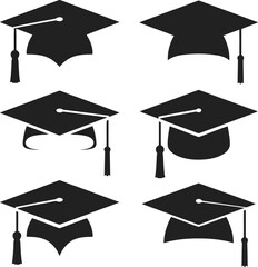 Graduation caps in various angles and styles on white background