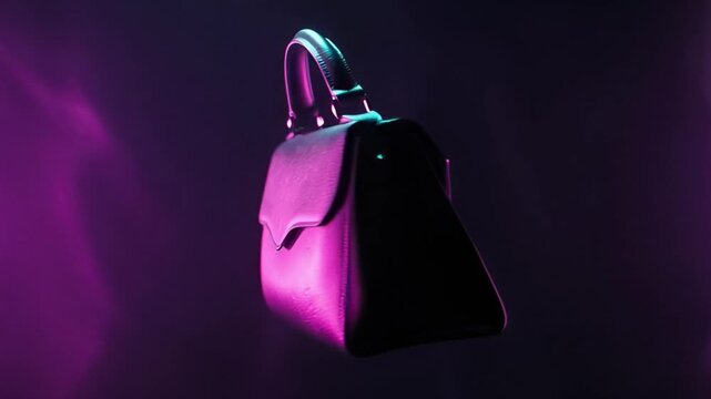 A luxurious handbag floats in a dark room with purple lighting, showcasing its sleek design and elegance from a straightforward viewpoint